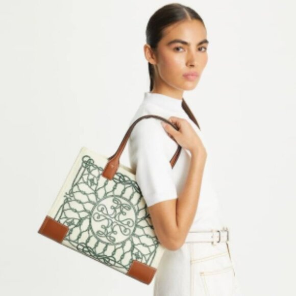 NWT! NEW! Tory Burch Small Ella Tote- Printed Ivory Abstract Rope Logo Women - Picture 1 of 10